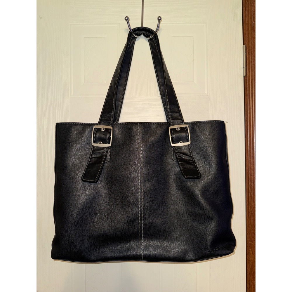Solo Black Faux Leather Laptop Tote Bag Large Buckle Detail Blue Interior